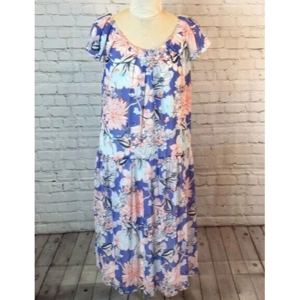 Perceptions New York Midi Dress Sheer Floral Drop Waist Blue Pink Size 12
